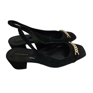Ann Taylor Black Suede Slingback Block Heels with Gold Chain